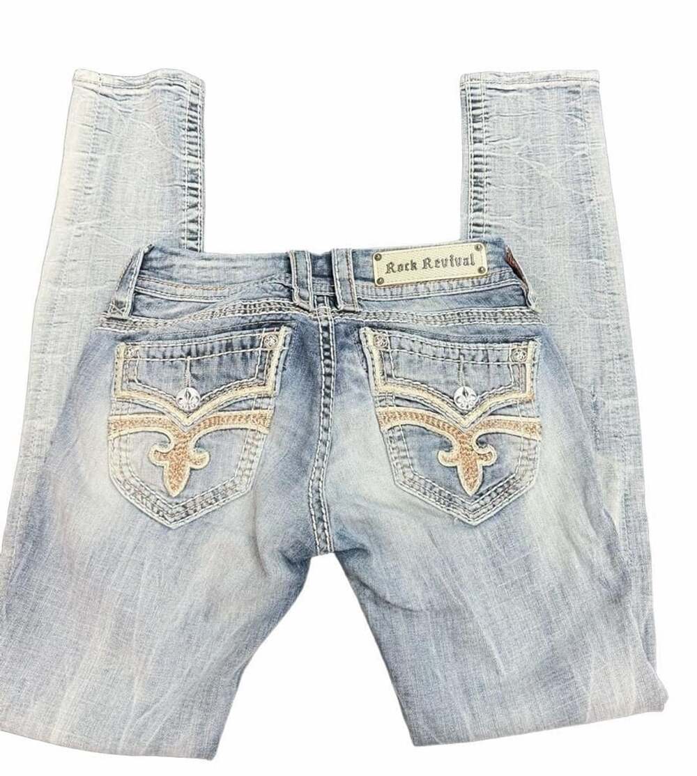 Y2K patched Rock Revival Skinny Jeans Size 27 Distressed Denim